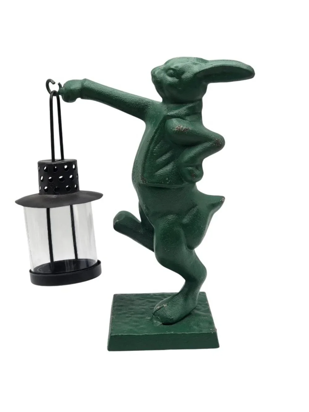 Cast Iron Green Rabbit With Lantern Statue Tealight Holder Cottagecore Farmhouse